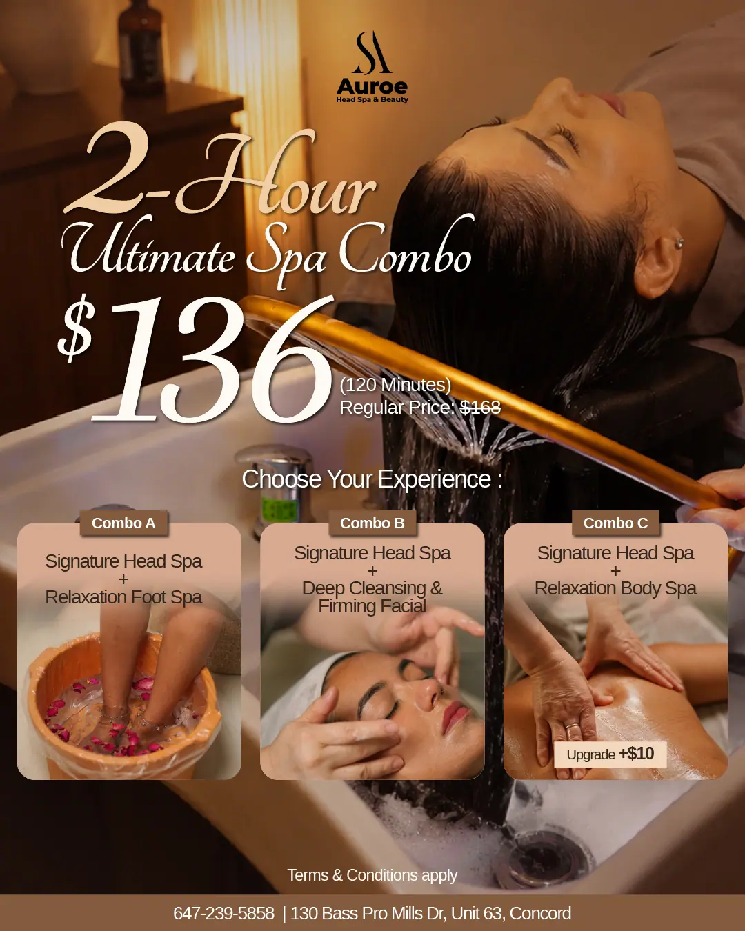 Auroe 2-Hour Ultimate Spa Combo, $136 for 120 minutes (regular $168): Signature Head Spa plus Foot Spa, Facial or Body Spa